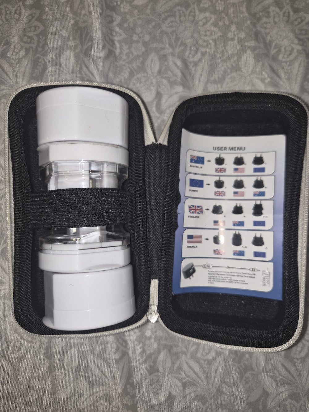 Universal White Travel Adapter with Compact Carry Case